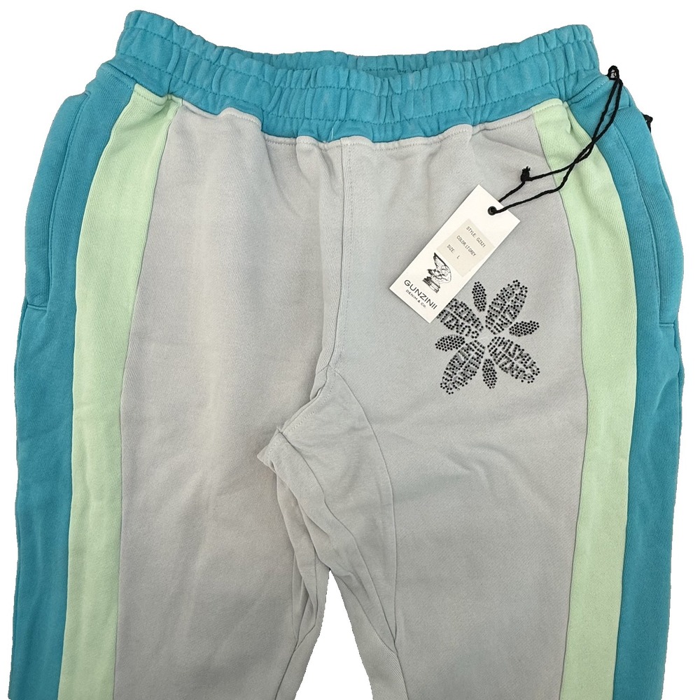 Gunzinii Men's Stacked‎ Flare Sweatpants L Grey Teal Rhinestone Streetwear NWT